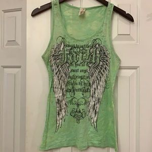 😍 2/$29 RITUAL semi see through Angel wings FAITH embellished tank top greenish